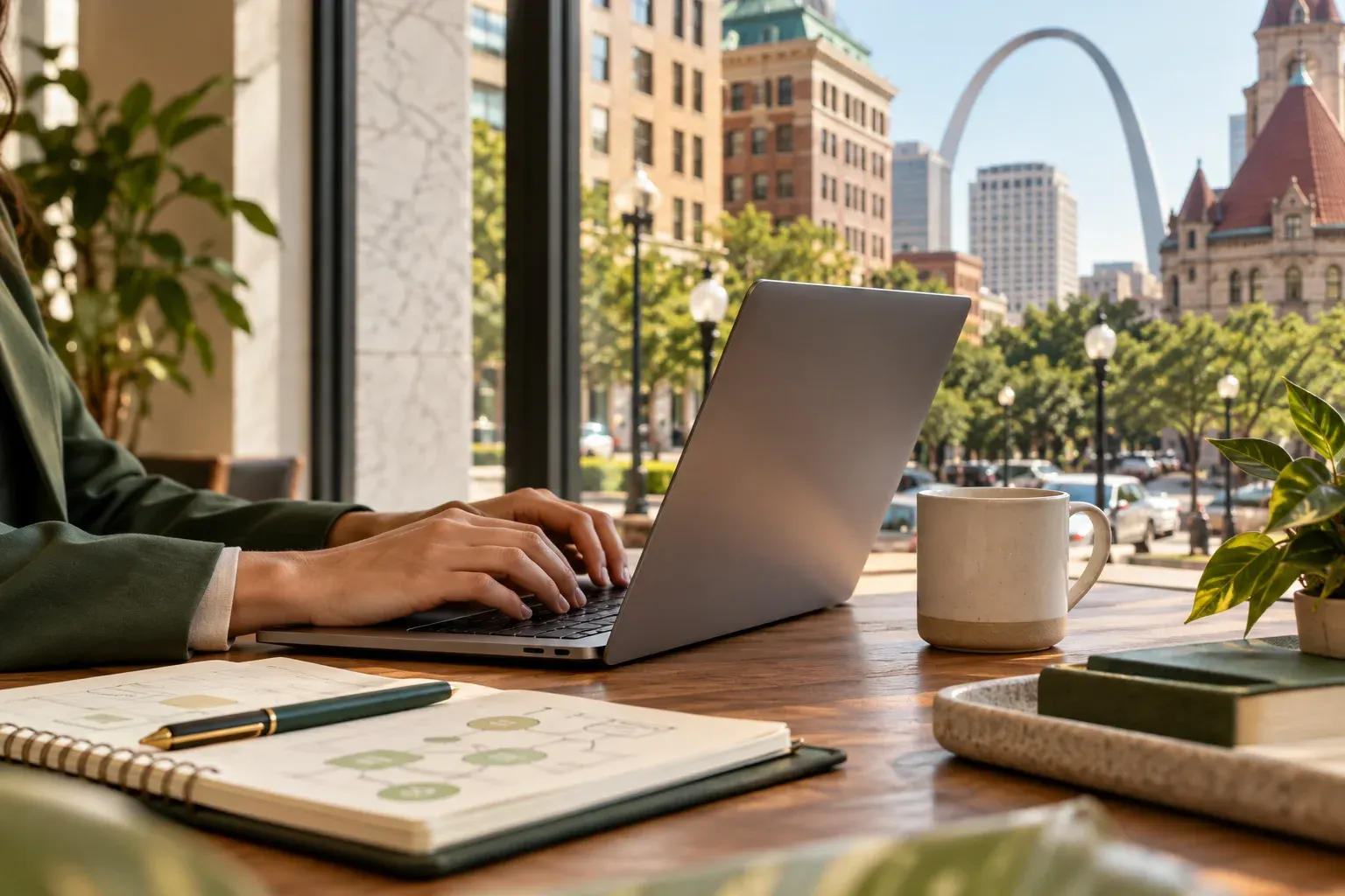 Laptop on a desk with a view of the Gateway Arch