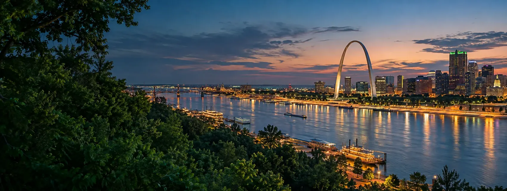 St. Louis riverfront and Gateway Arch at night