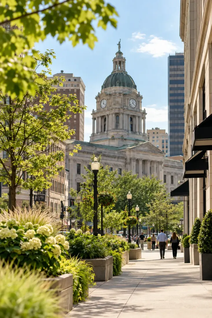 Street leading to a domed Indiana courthouse