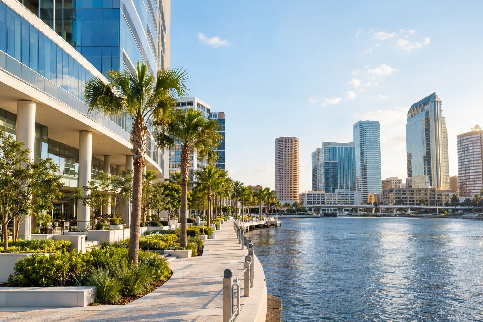 Tampa Riverwalk lined with palms and towers