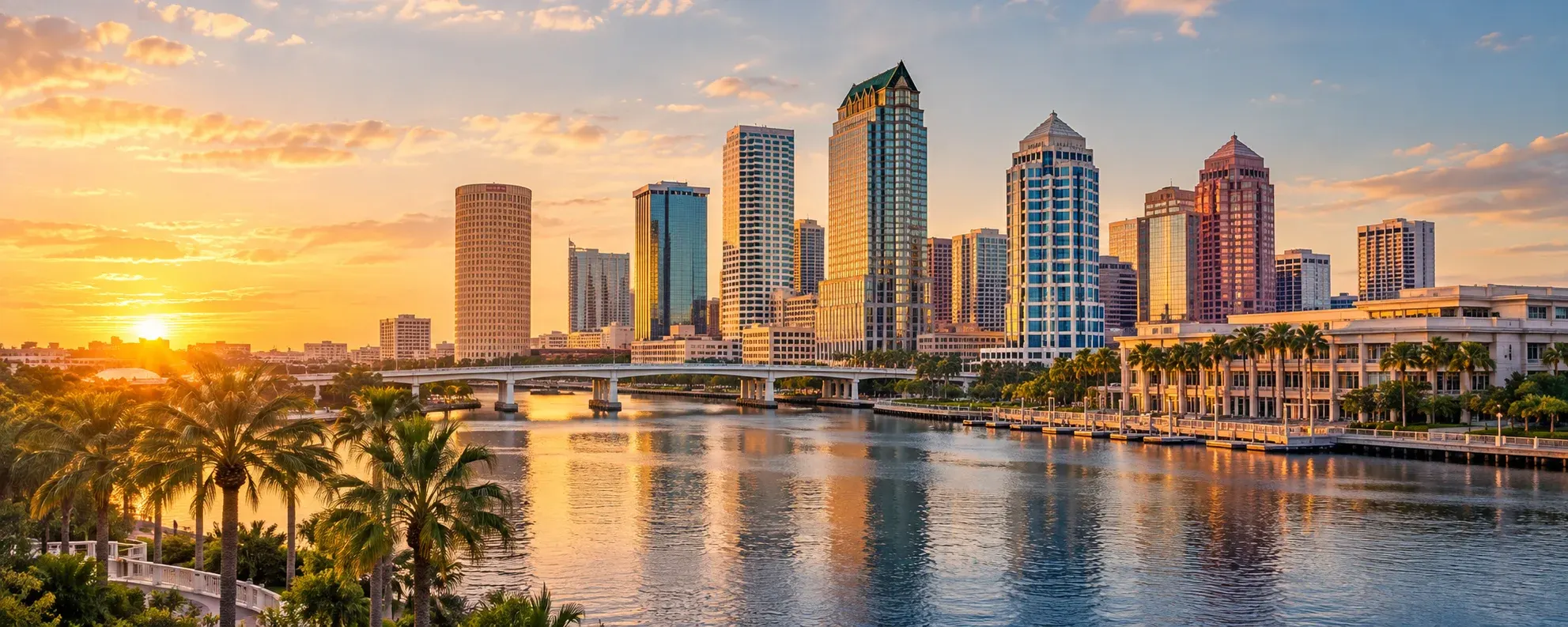 Tampa skyline over the Hillsborough River at sunset, where DevSolutionsAI provides AI services in Tampa