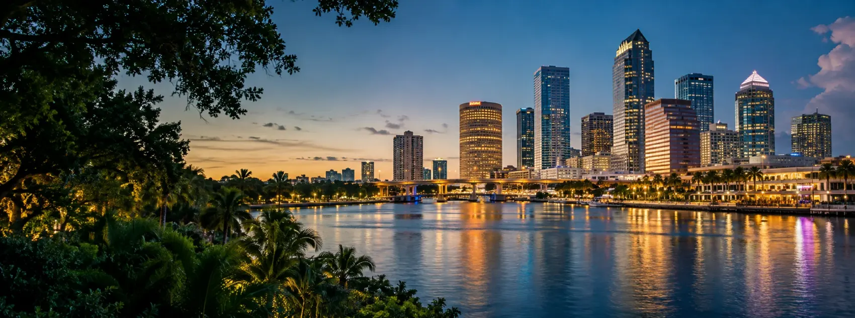 Tampa skyline at night over the water
