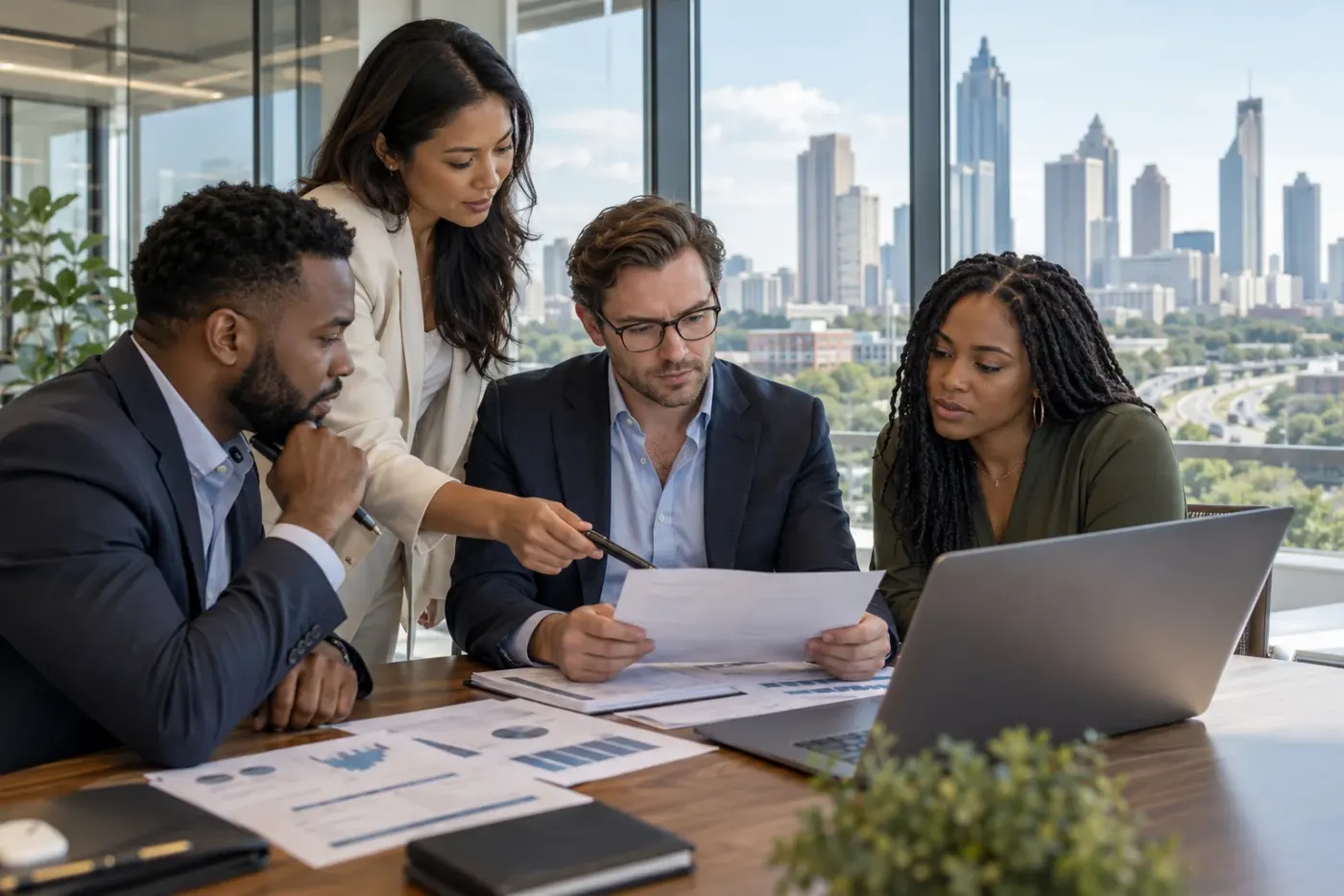 Team reviewing documents at a laptop in an Atlanta office