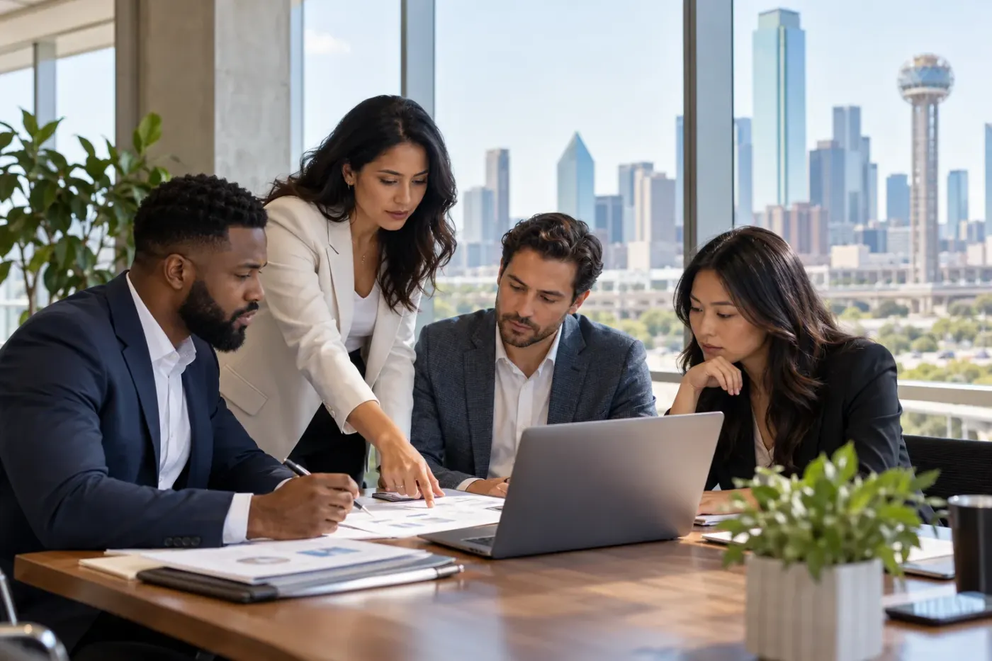 Team reviewing documents at a laptop in a Dallas office