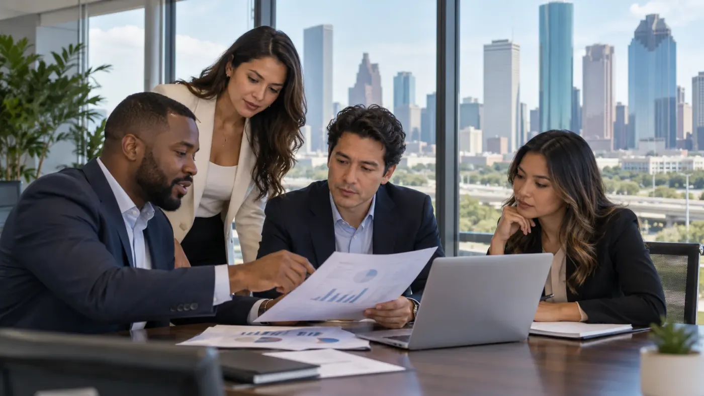 Team reviewing documents at a laptop in a Houston office