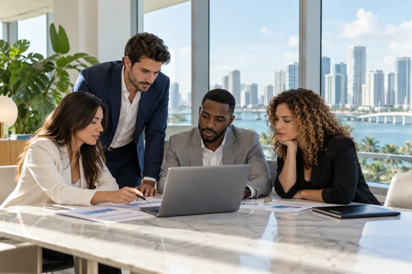 Team reviewing documents at a laptop in a Miami office