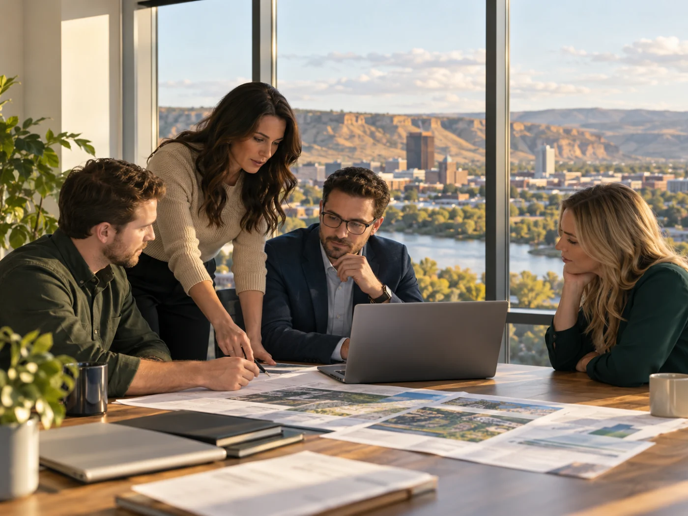 Team reviewing plans at laptops in a Montana office