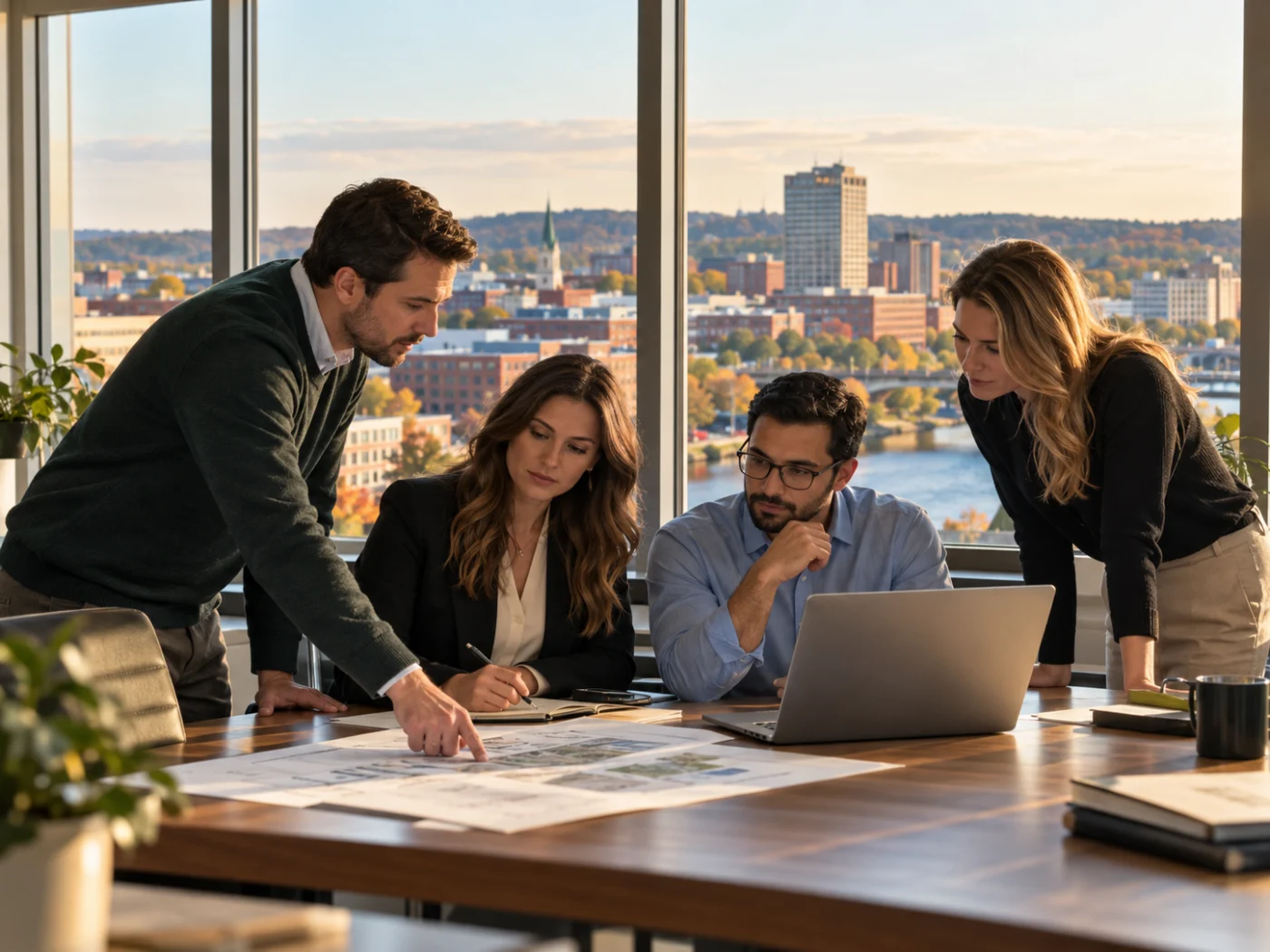 Team reviewing plans at laptops in a New Hampshire office
