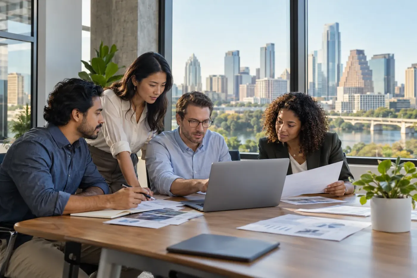 Team reviewing reports at a laptop in an Austin office