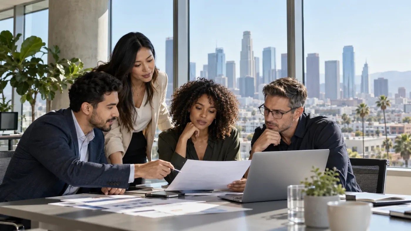 Team reviewing reports at a laptop in a Los Angeles office
