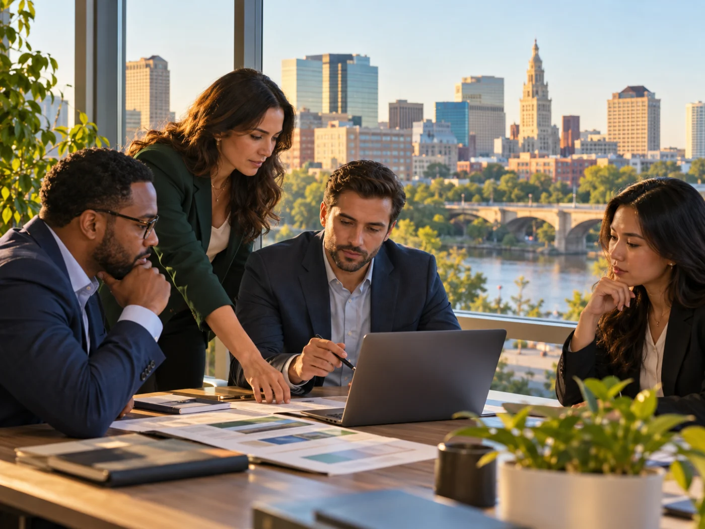 Team reviewing reports at laptops in a Connecticut office