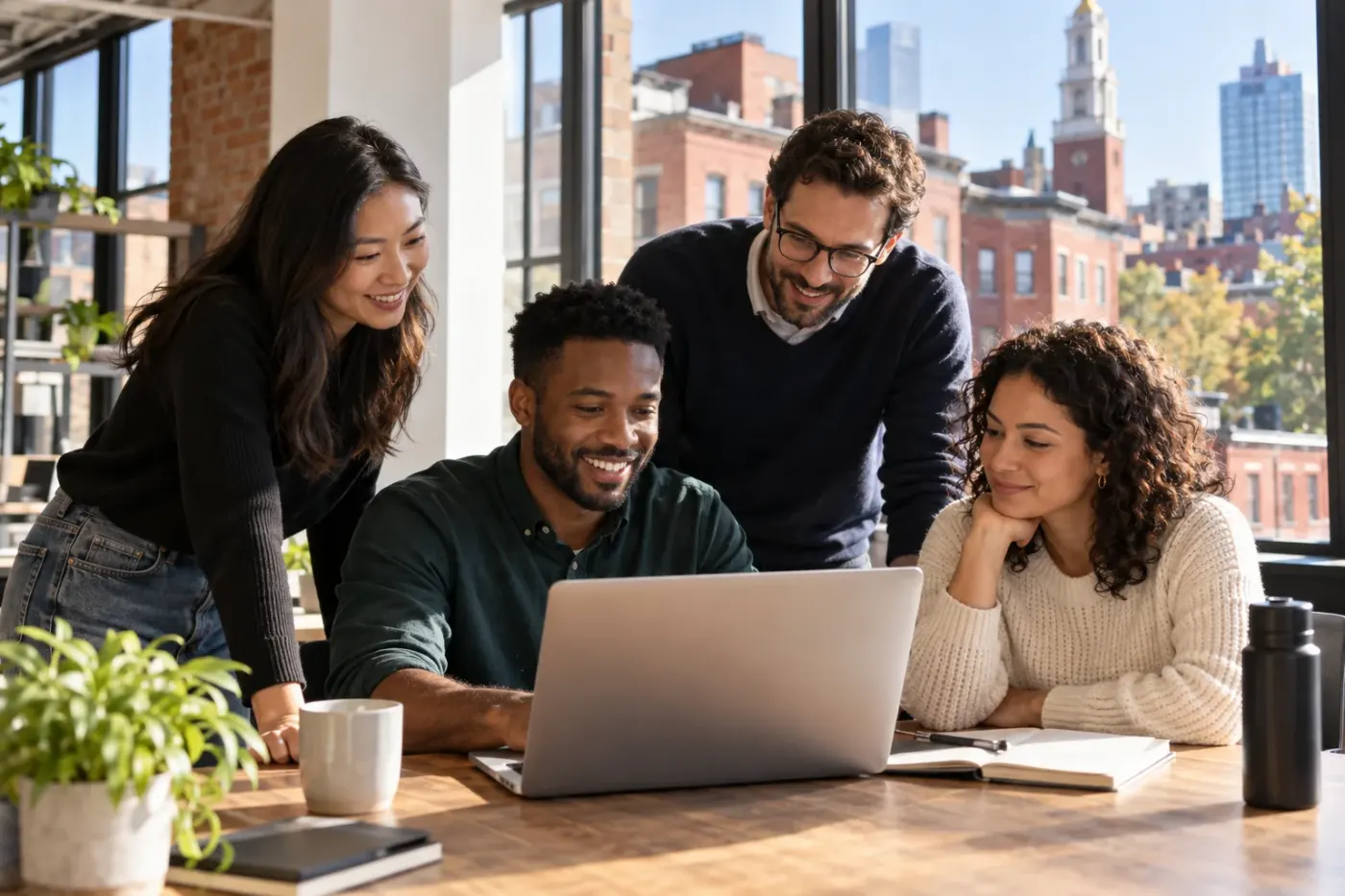 Team reviewing work at a laptop in a Boston office