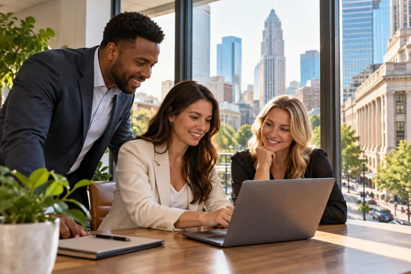 Team reviewing work at a laptop in a Charlotte office