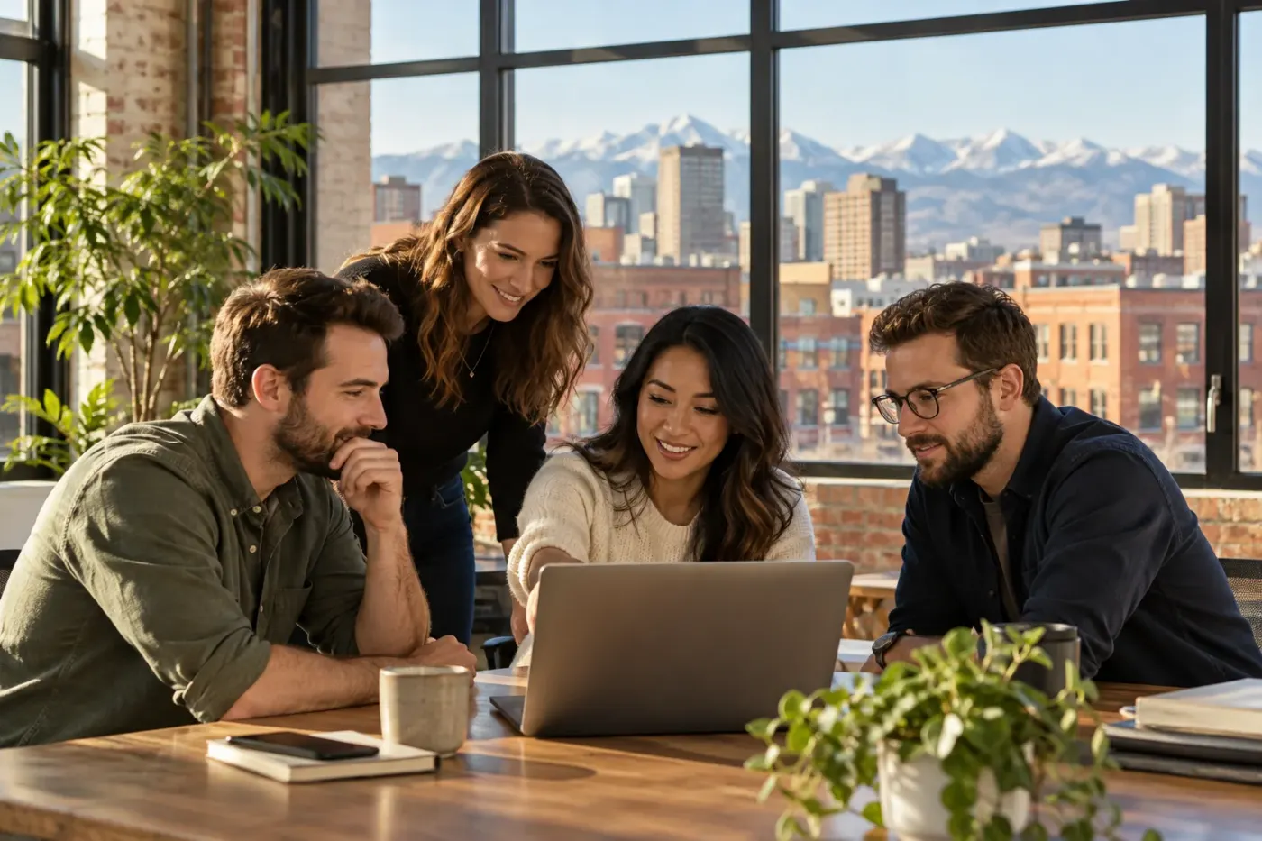 Team reviewing work at a laptop in a Denver office