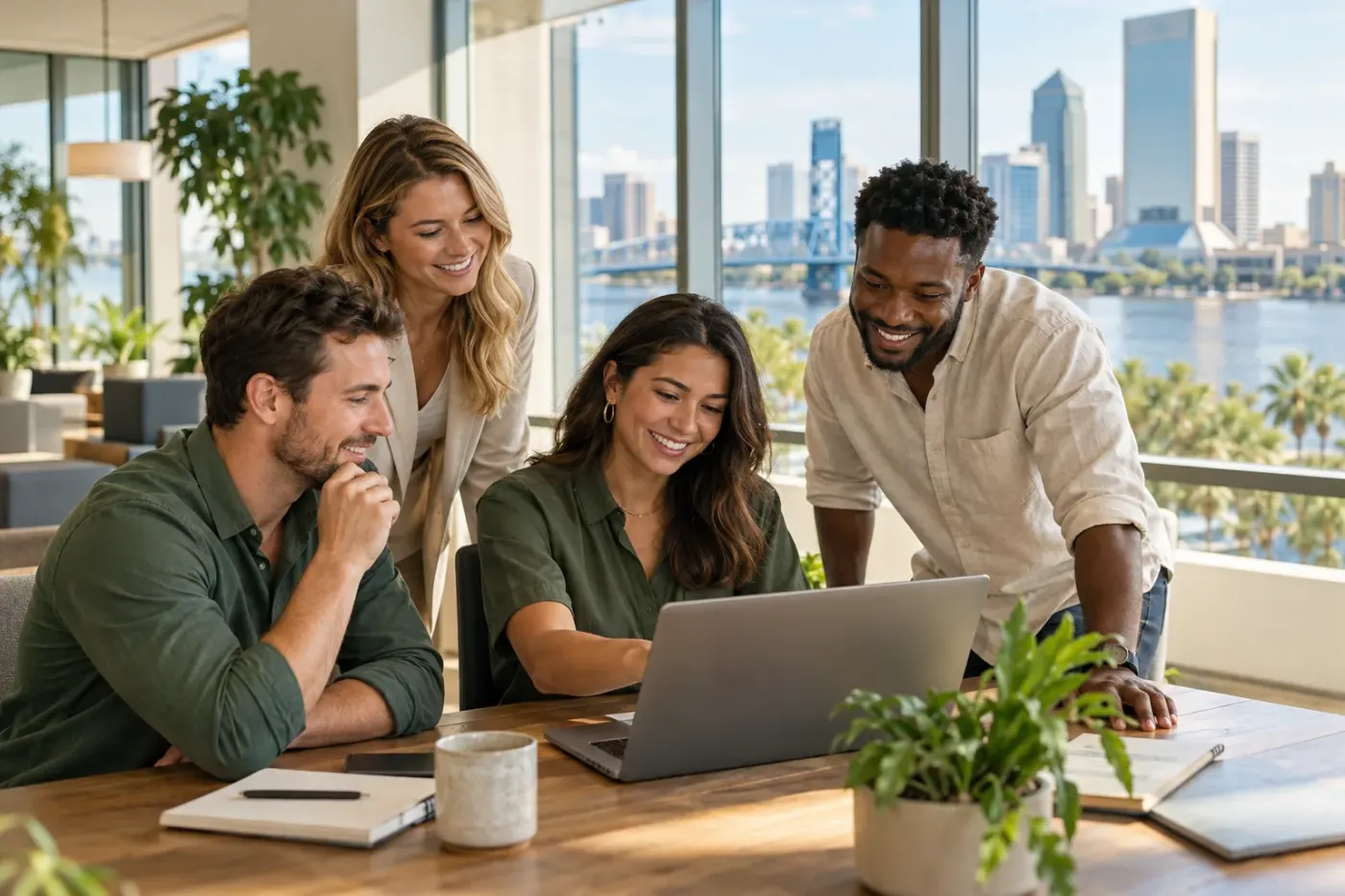 Team reviewing work at a laptop in a Jacksonville office