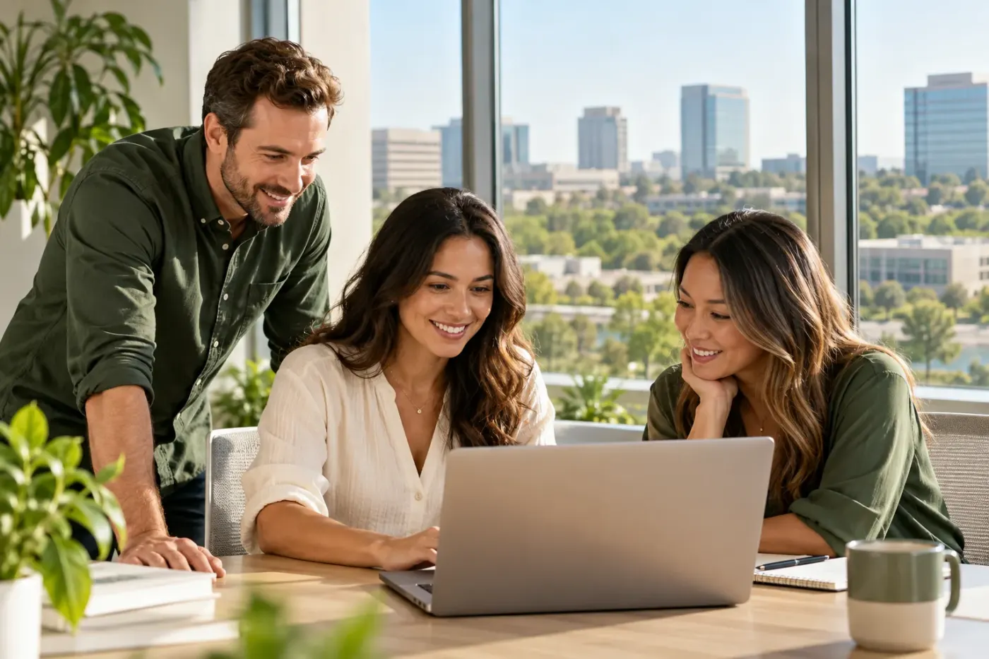 Team working at a laptop in an Anaheim office