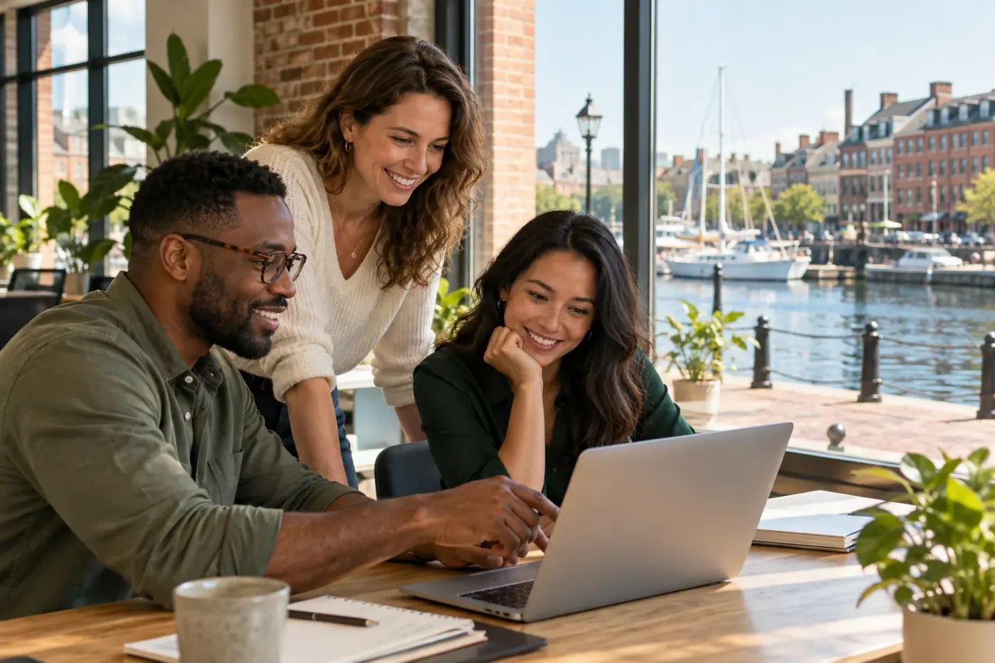 Team working at a laptop in a Baltimore office