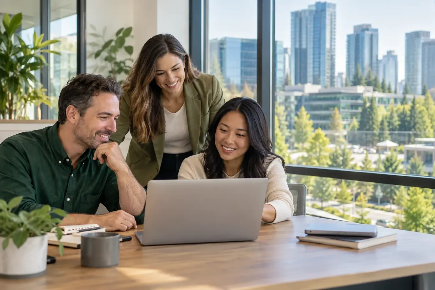 Team working at a laptop in a Bellevue office