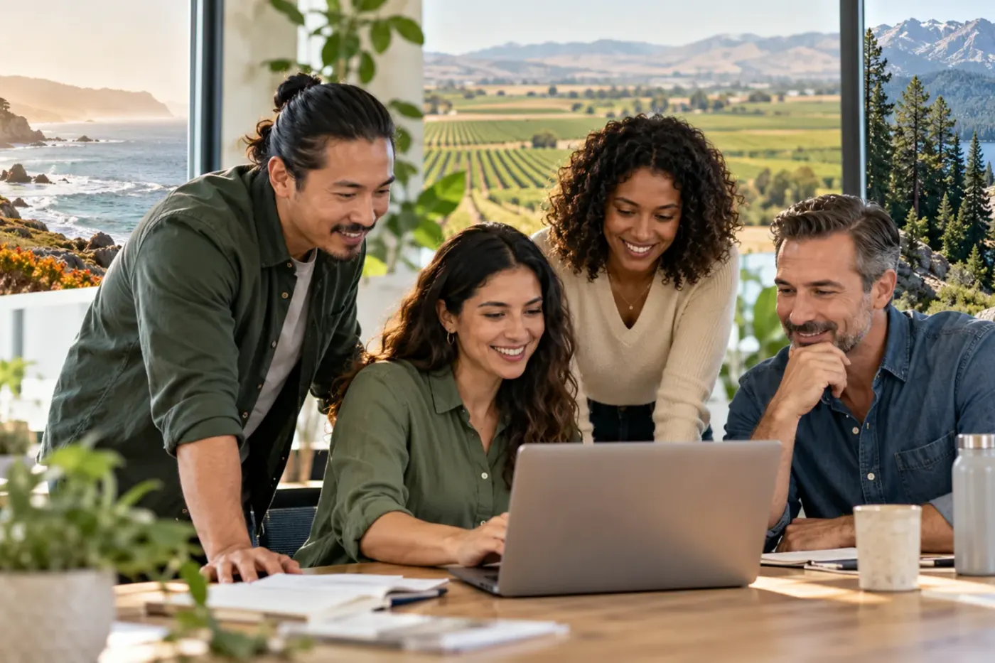 Team working at a laptop in a California office