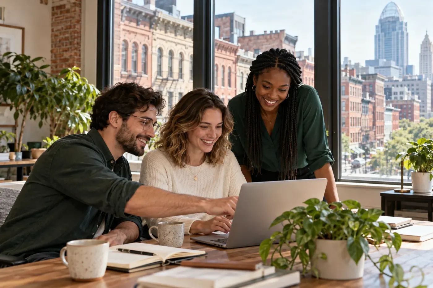 Team working at a laptop in a Cincinnati office