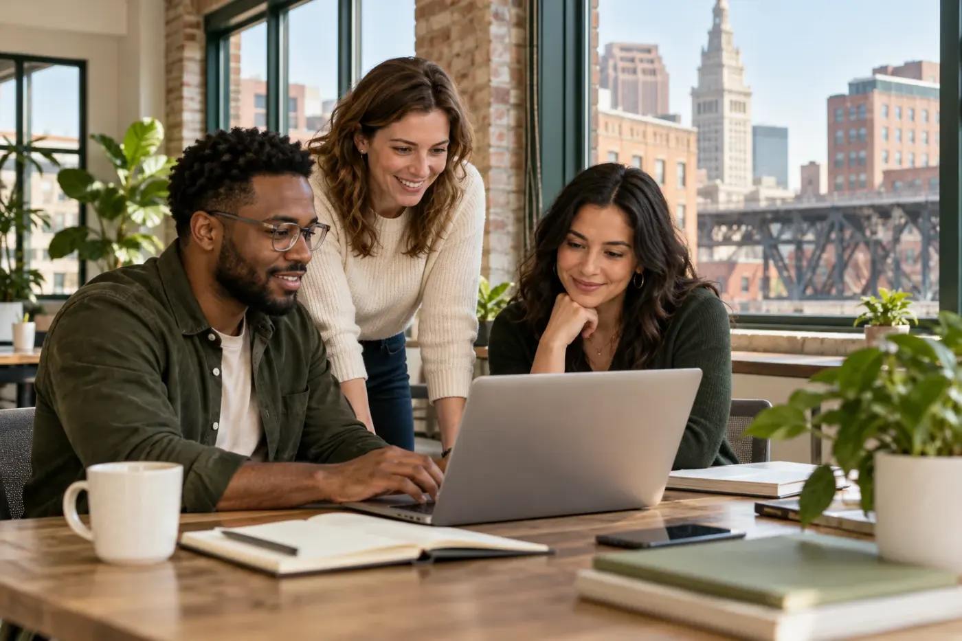 Team working at a laptop in a Cleveland office
