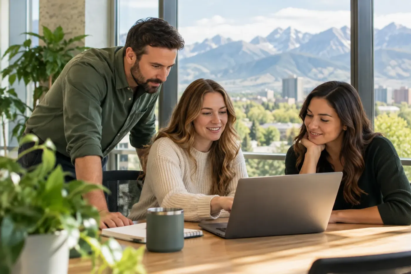 Team working at a laptop in a Colorado office