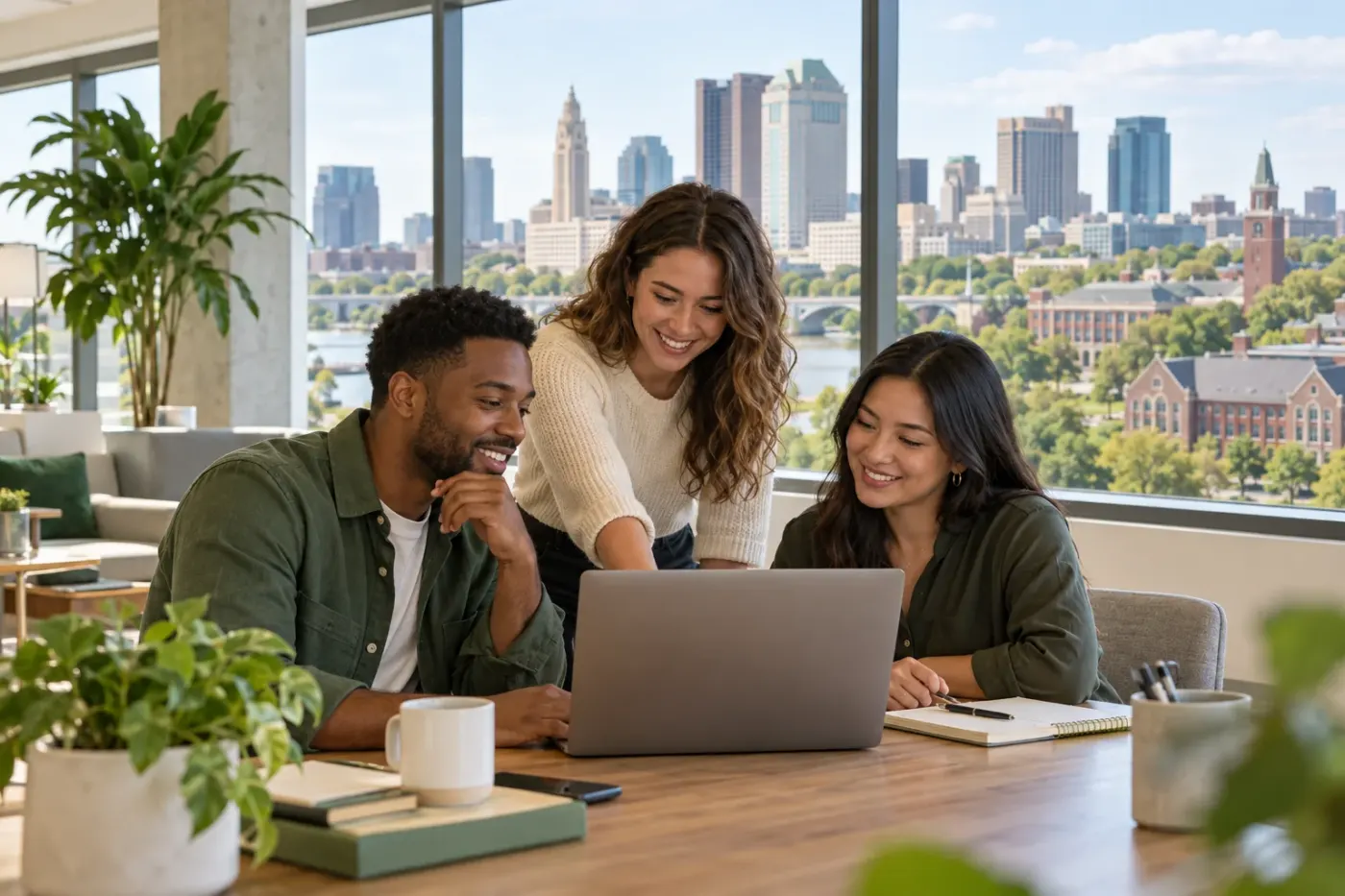 Team working at a laptop in a Columbus office