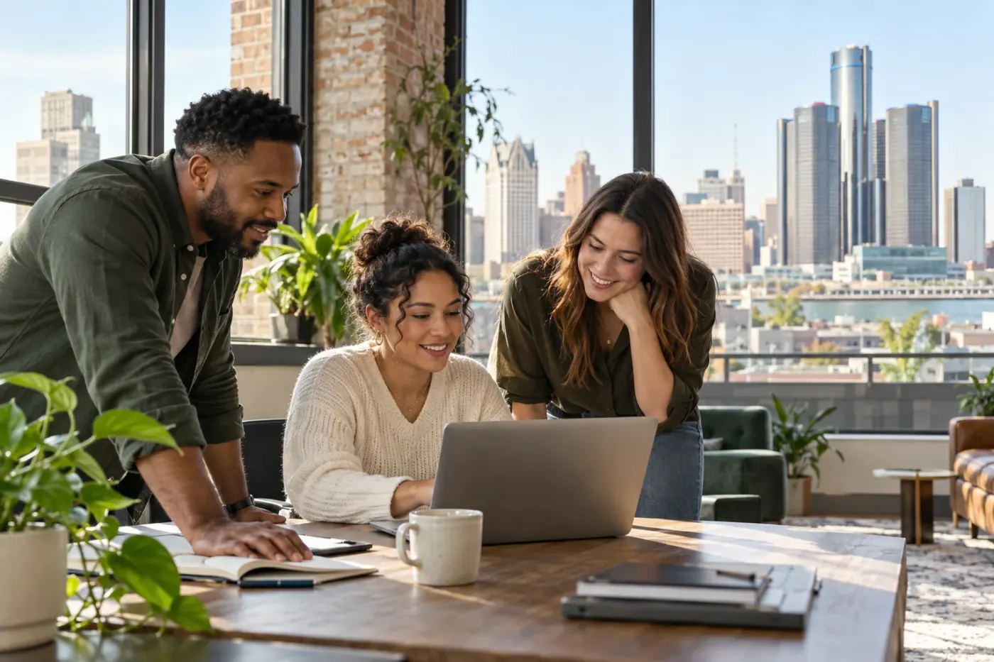 Team working at a laptop in a Detroit office