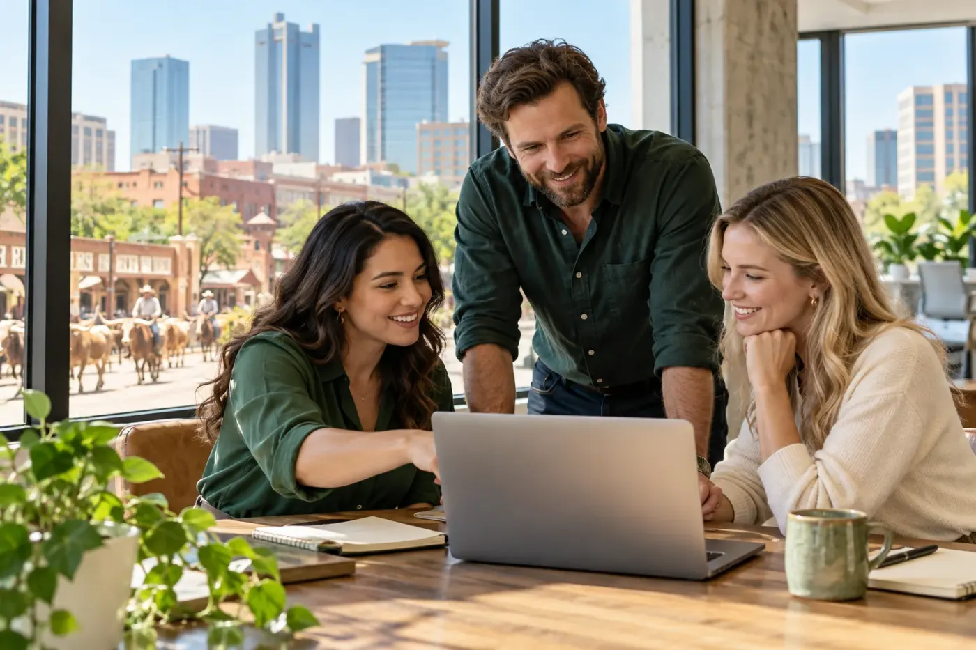 Team working at a laptop in a Fort Worth office