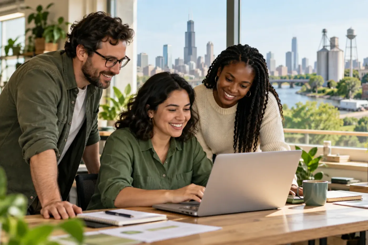 Team working at a laptop in an Illinois office