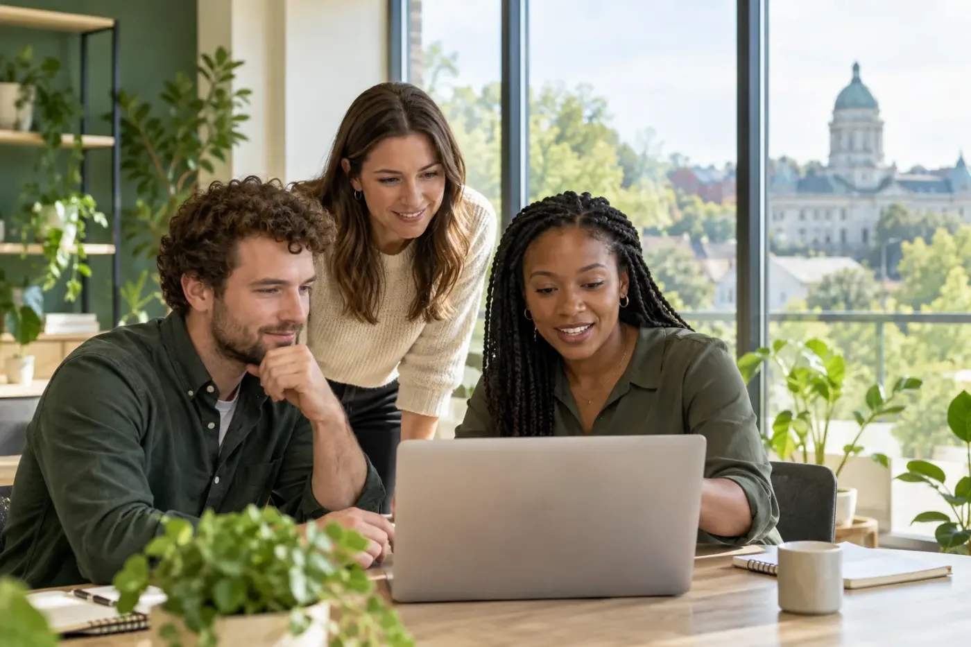 Team working at a laptop in an Indiana office