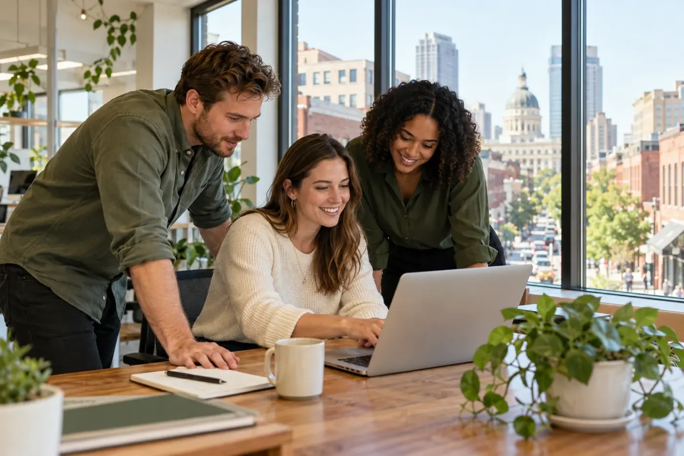 Team working at a laptop in an Indianapolis office