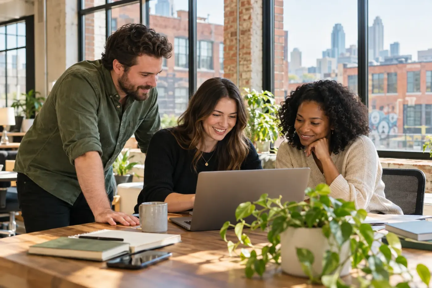 Team working at a laptop in a Kansas City office