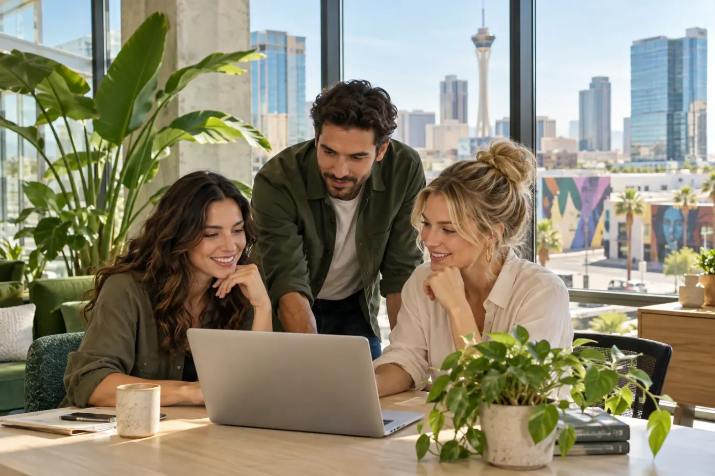 Team working at a laptop in a Las Vegas office