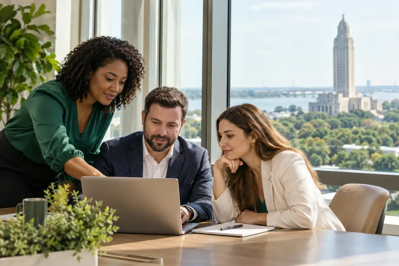 Team working at a laptop in a Louisiana office