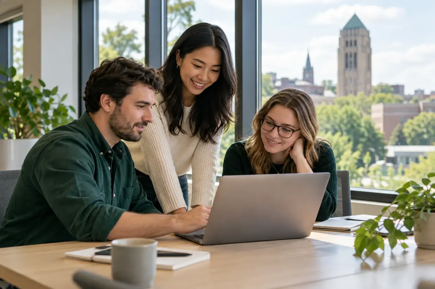 Team working at a laptop in a Michigan office