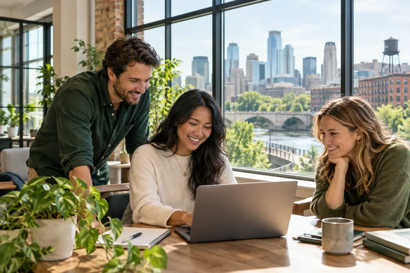 Team working at a laptop in a Minneapolis office
