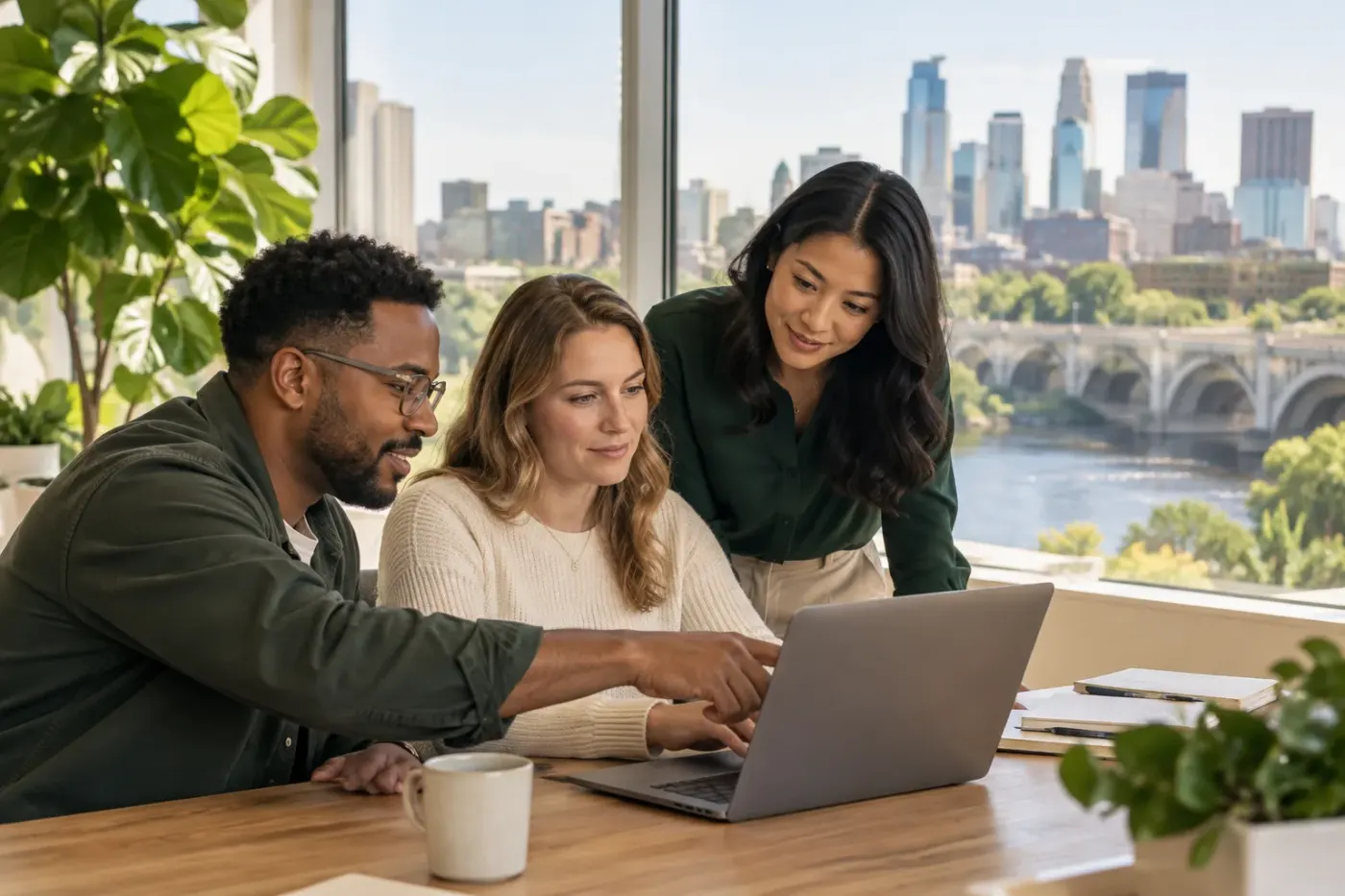 Team working at a laptop in a Minnesota office