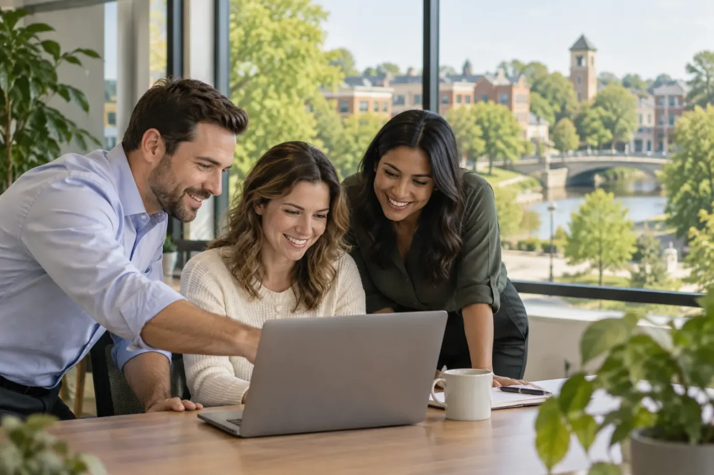 Team working at a laptop in a Naperville office