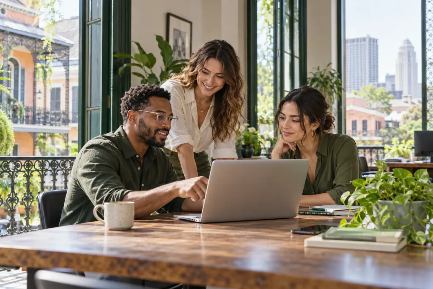 Team working at a laptop in a New Orleans office