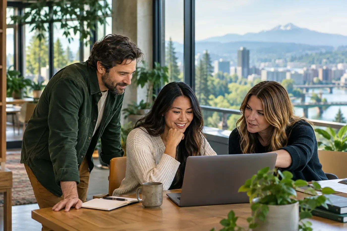 Team working at a laptop in an Oregon office