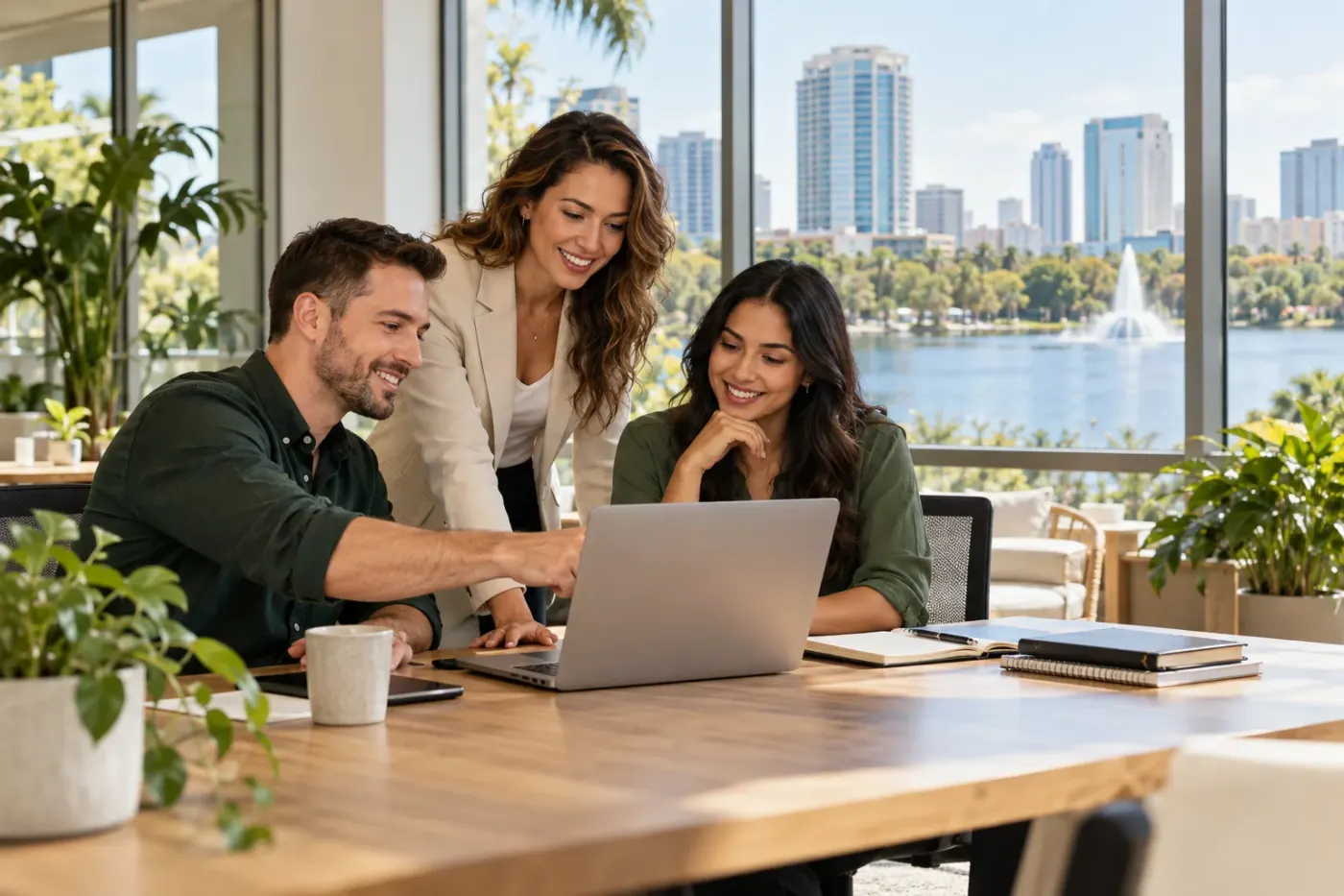Team working at a laptop in an Orlando office