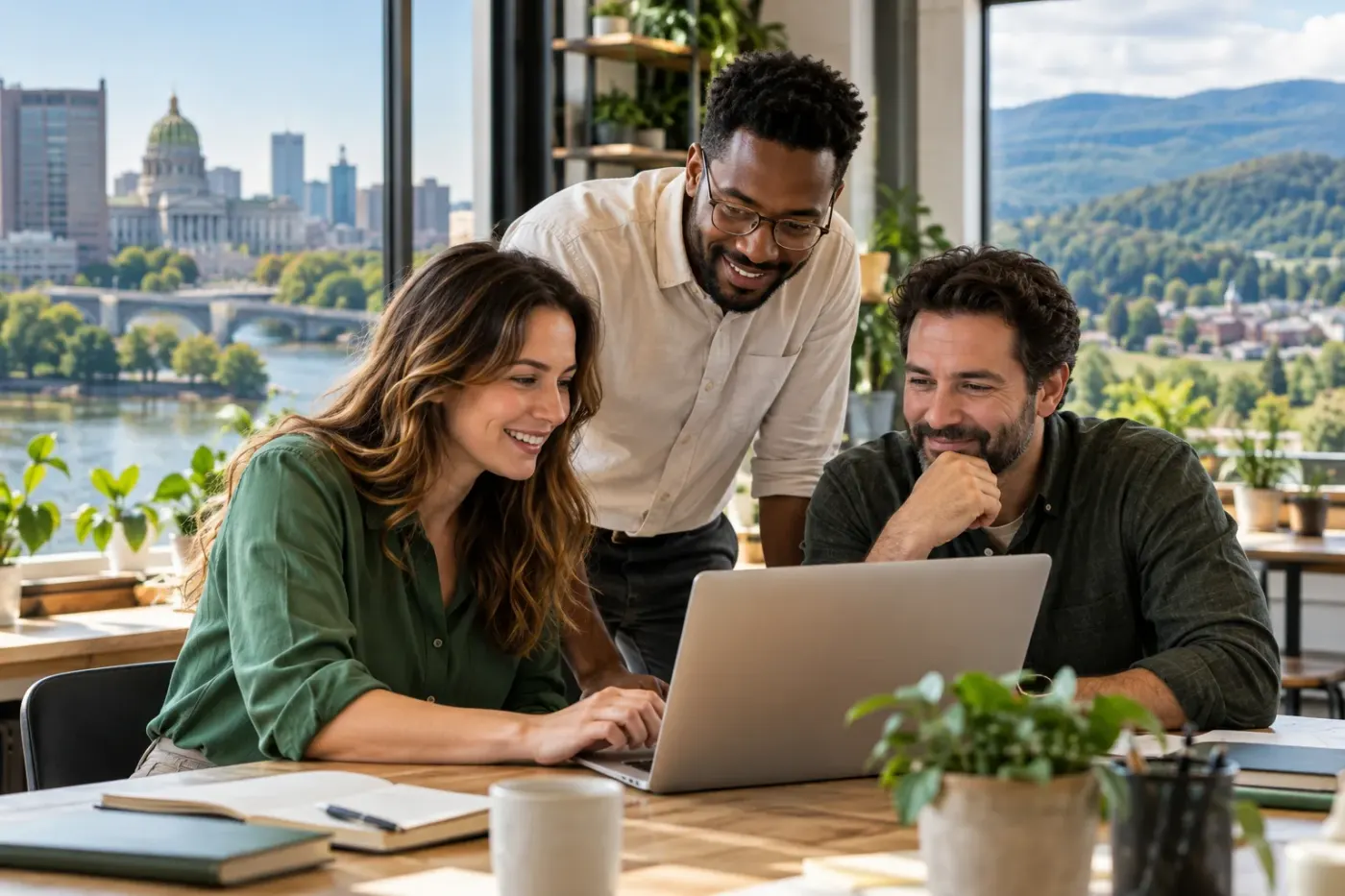 Team working at a laptop in a Pennsylvania office