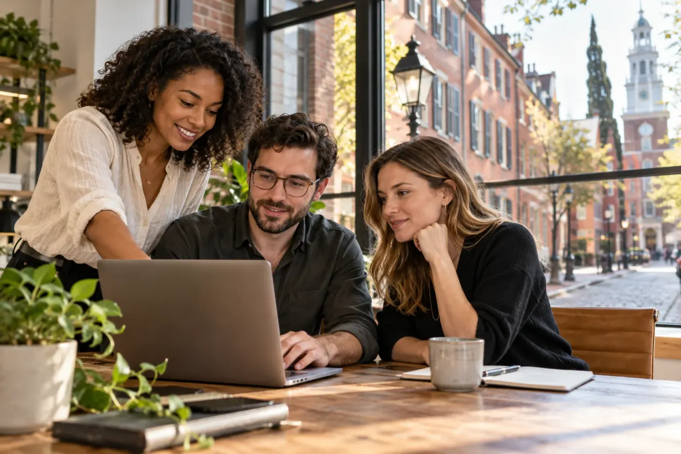 Team working at a laptop in a Philadelphia office