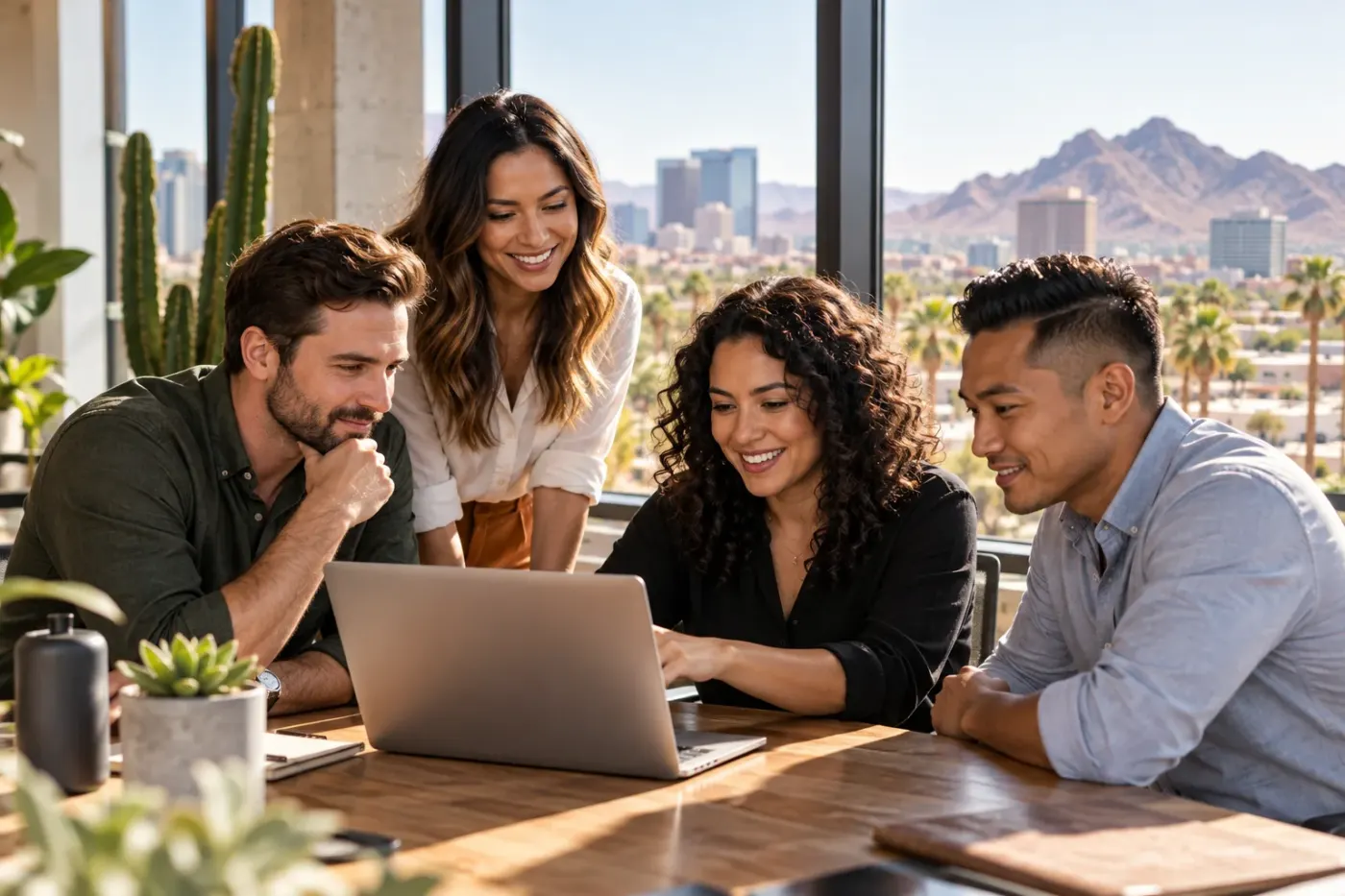 Team working at a laptop in a Phoenix office