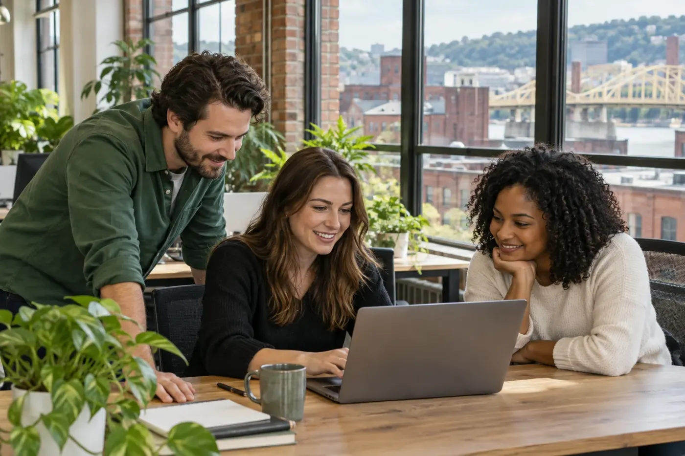 Team working at a laptop in a Pittsburgh office
