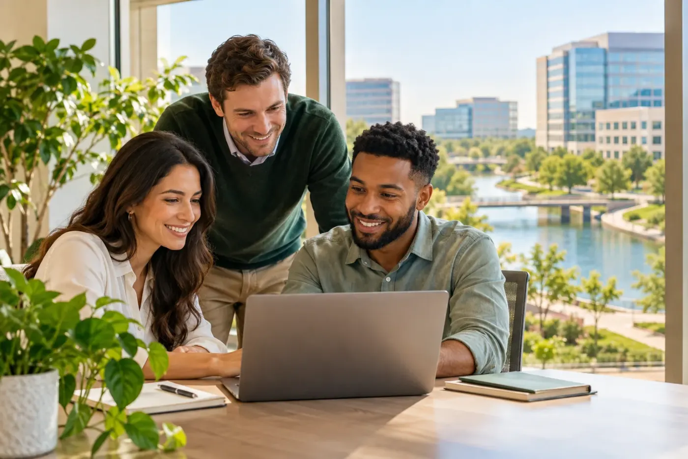 Team working at a laptop in a Plano office