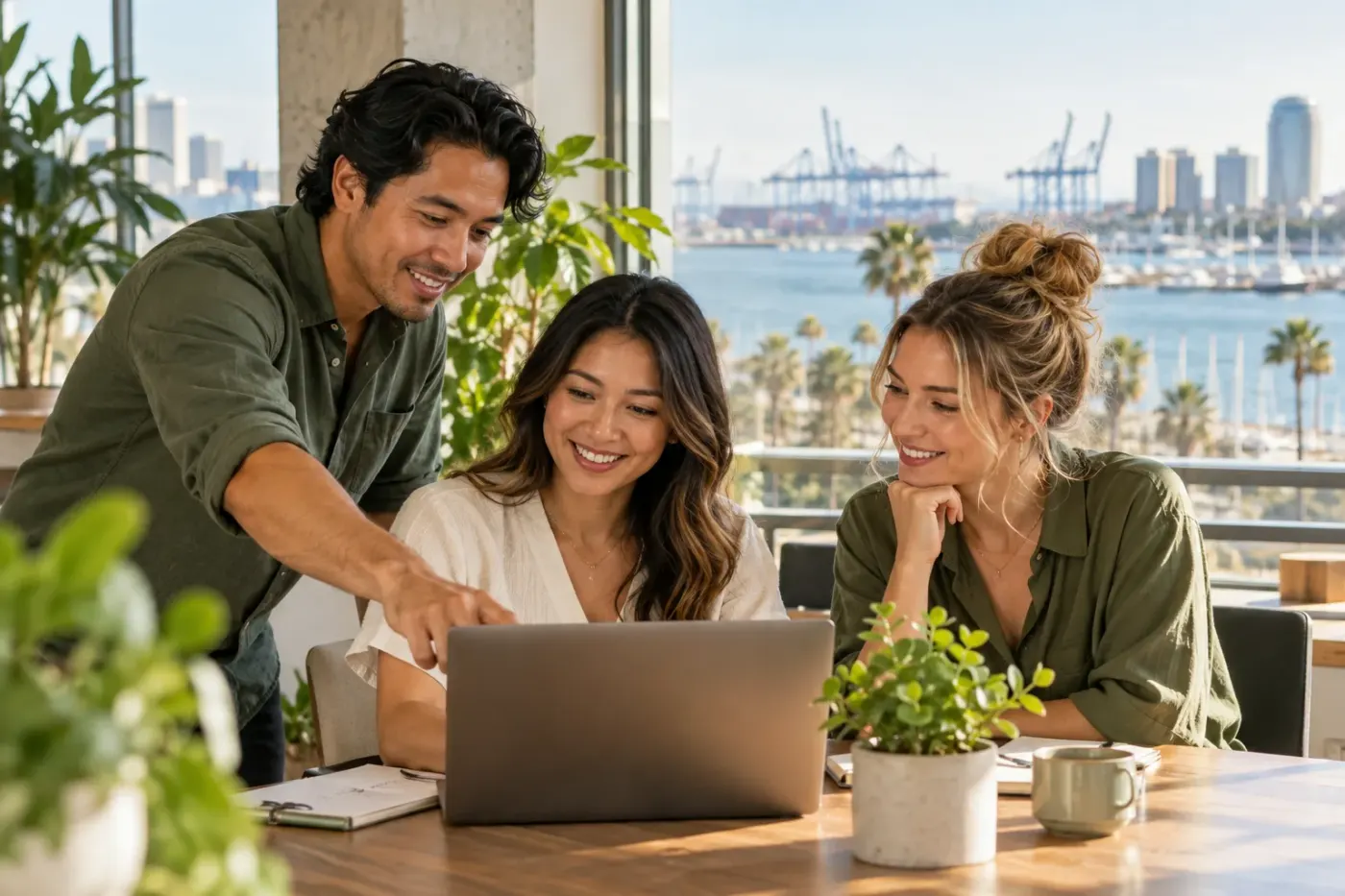 Team working at a laptop with the Port of Long Beach in view