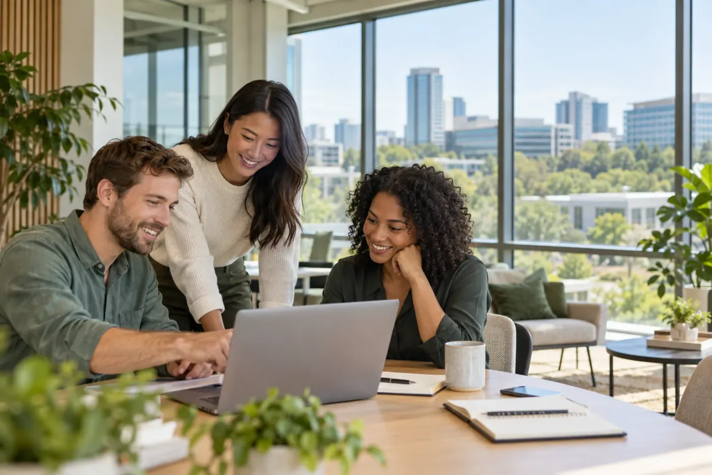 Team working at a laptop in a Raleigh office