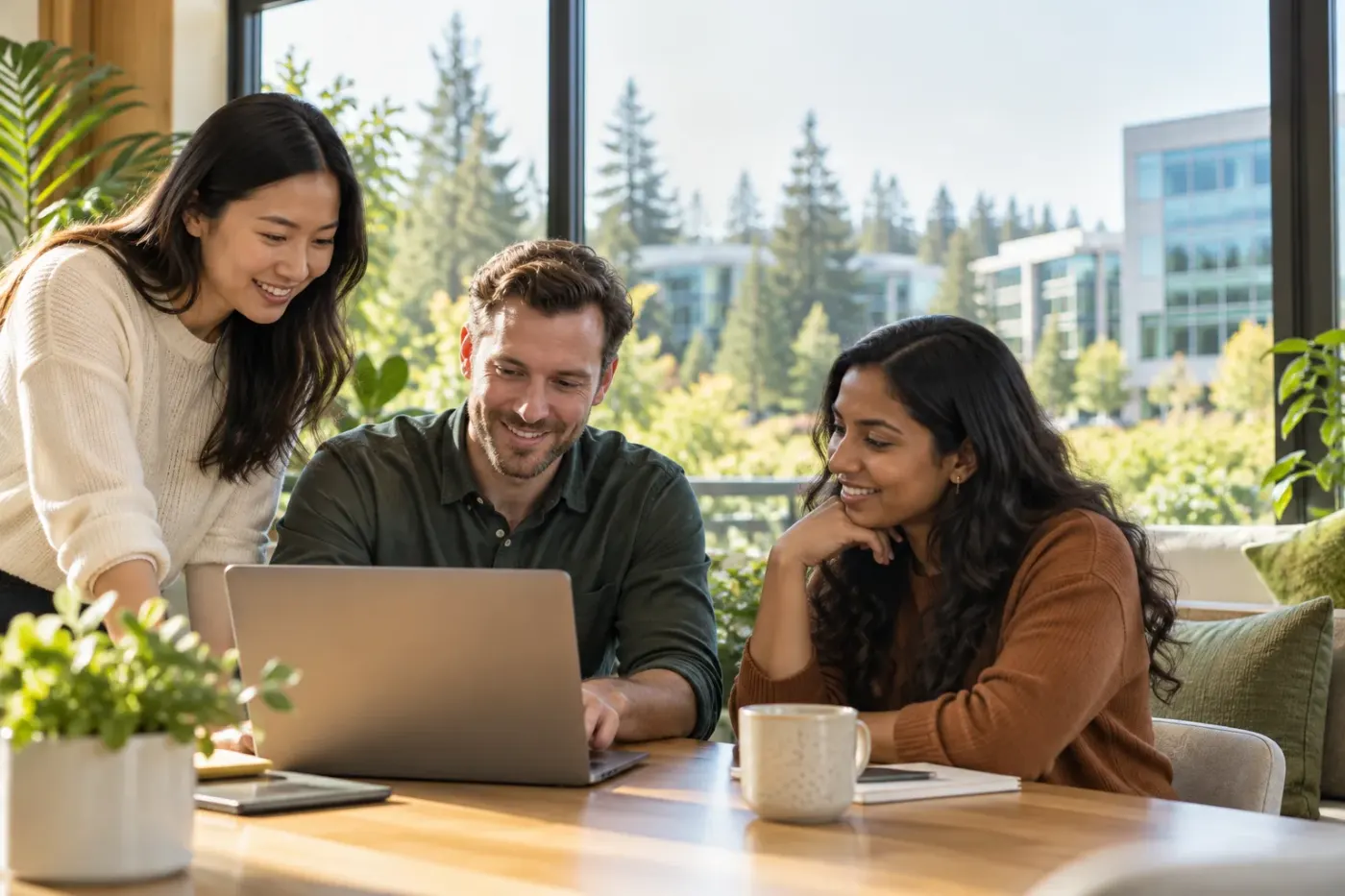 Team working at a laptop in a Redmond office among the trees